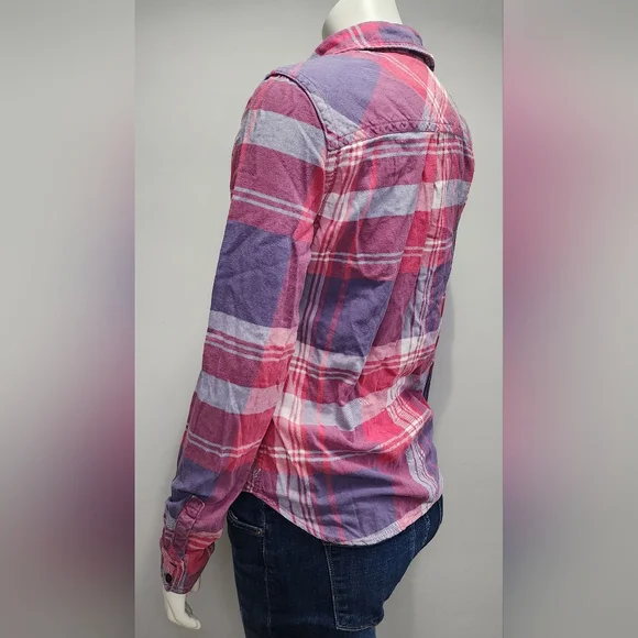 American Eagle Womens Favorite Fit Pink Purple Flannel Plaid Button Up Small S - Picture 7 of 12